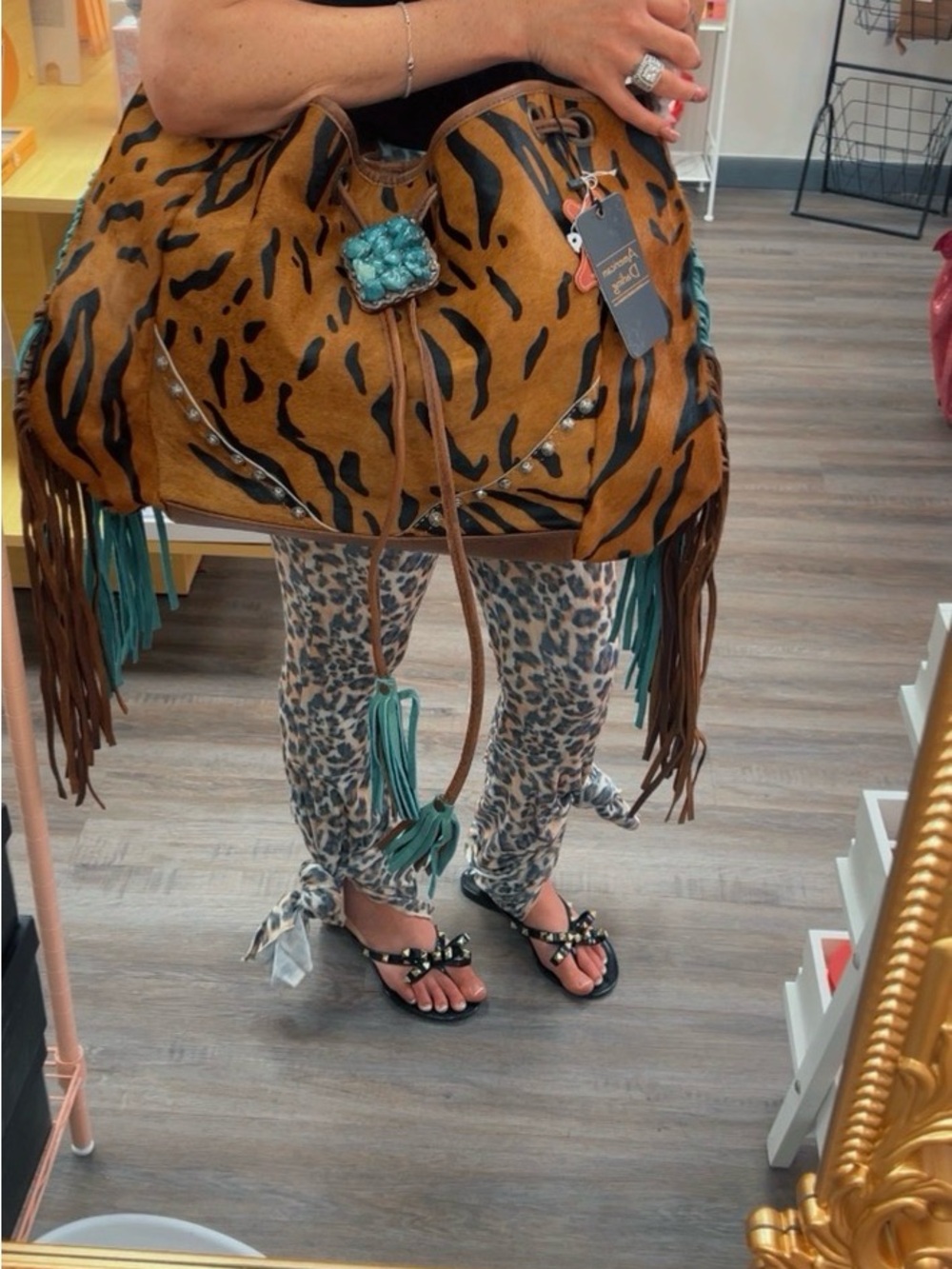 American Darling Fringe Tiger-Print Tote with Turquoise Accents